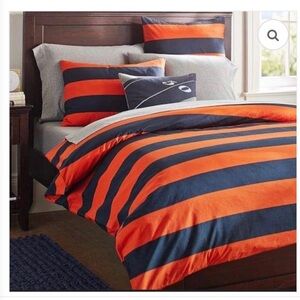 NEW-Pottery Barn Teen Navy and Orange Rugby Stripe Duvet Cover-Full/Qn w/2 cases